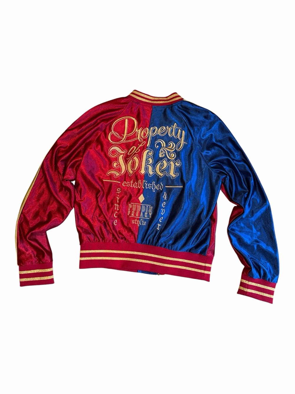 Hot Topic Red & Blue Satin Varsity Jacket with Gold Embroidery
